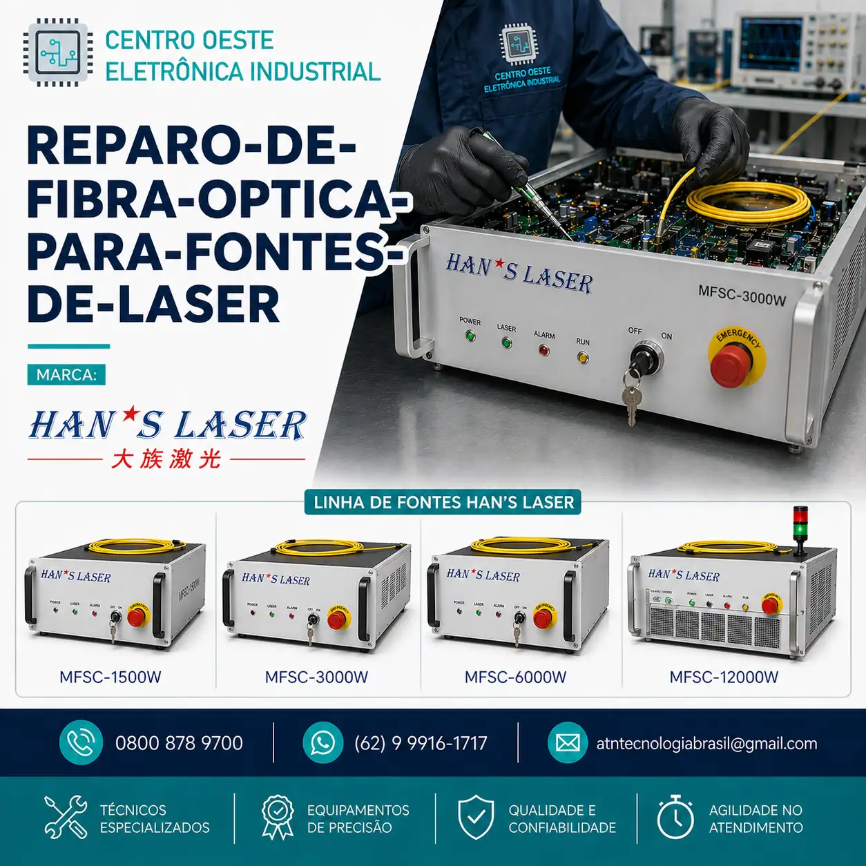 REPARO DA FIBRA ÓPTICA DAS FONTES DE LASER HAN´S LASER NO BRASIL